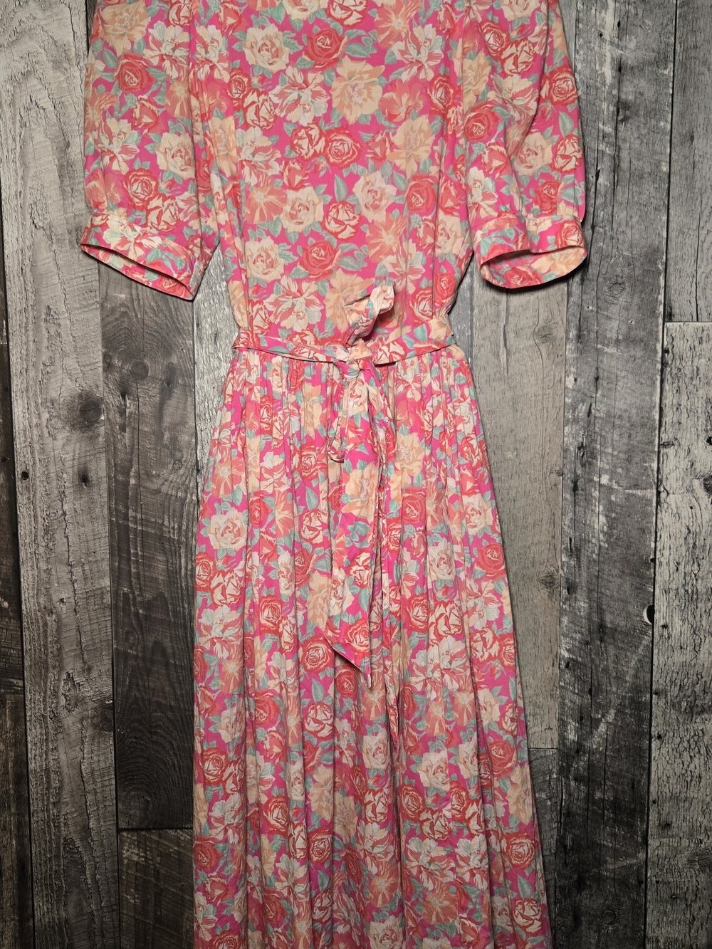 Rare Vintage 1980's Size 12 Laura Ashley Pink Floral Tie-Waist Maxi Dress